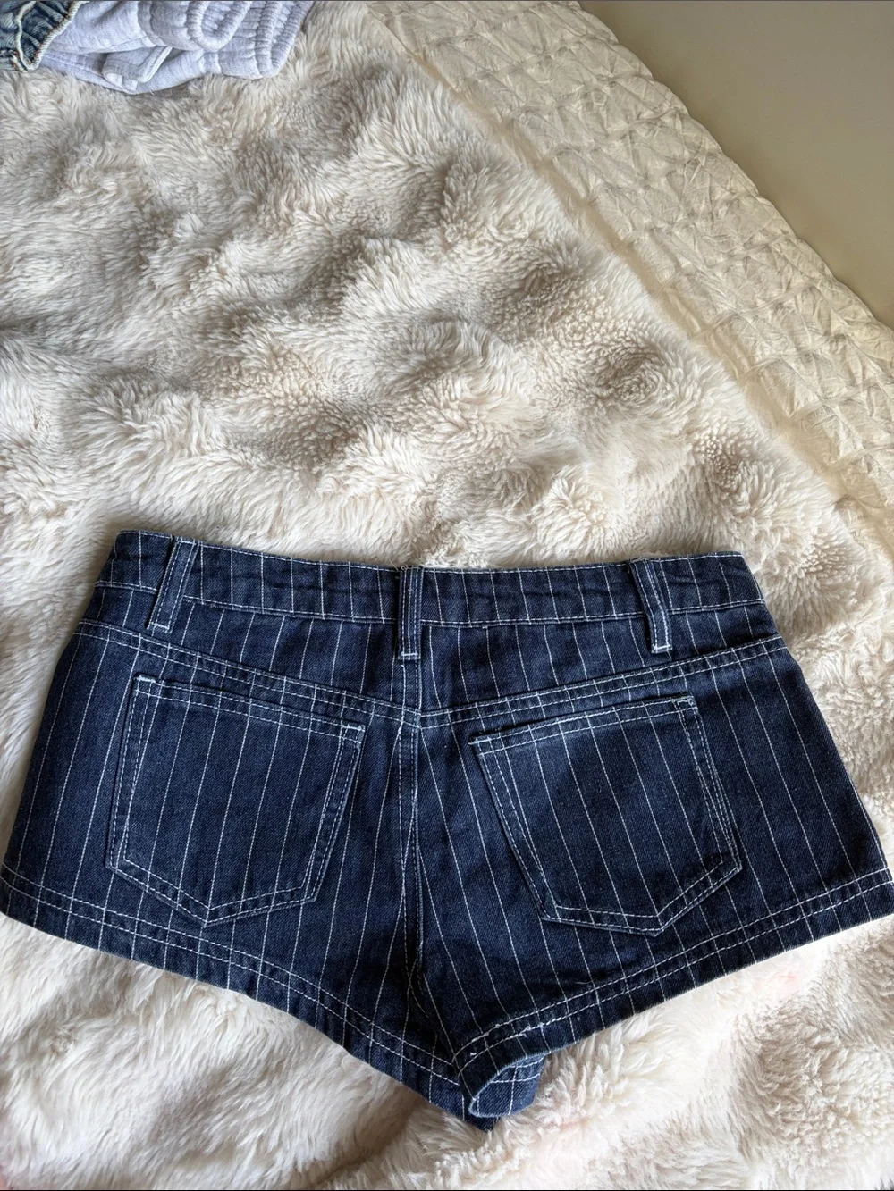 Edikted Dark Blue Pinstripe Denim Short Shorts